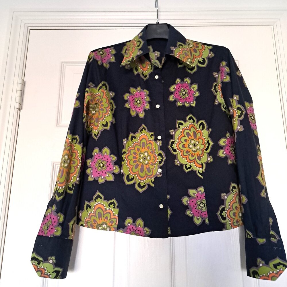 ETRO Milano Black Cotton Shirt Colorful Abstract Flower Print Button-Down IT48